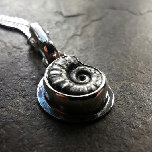 Tiny ammonite fossil & sterling silver pendant.