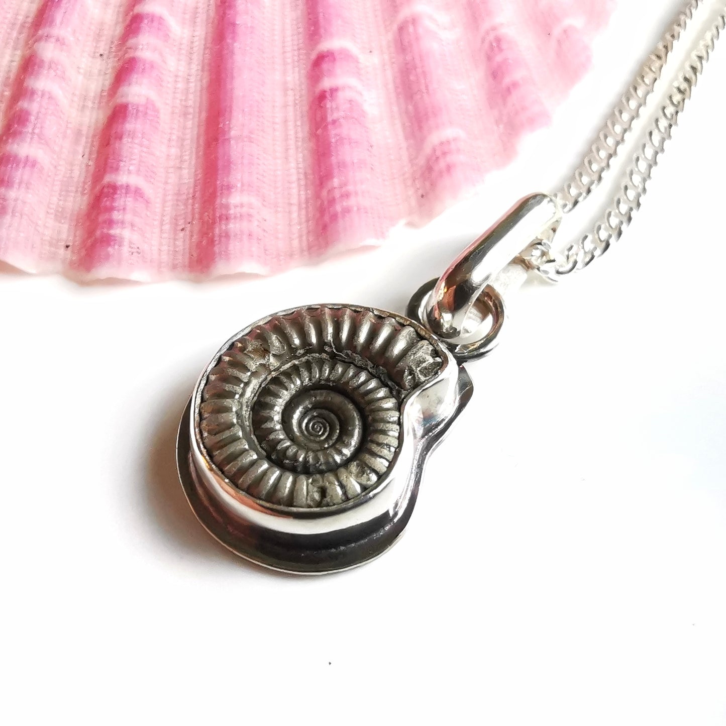 Ammonite fossil & sterling silver pendant.