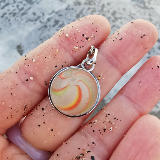 German orange, green, yellow and white sea glass marble & sterling silver pendant.