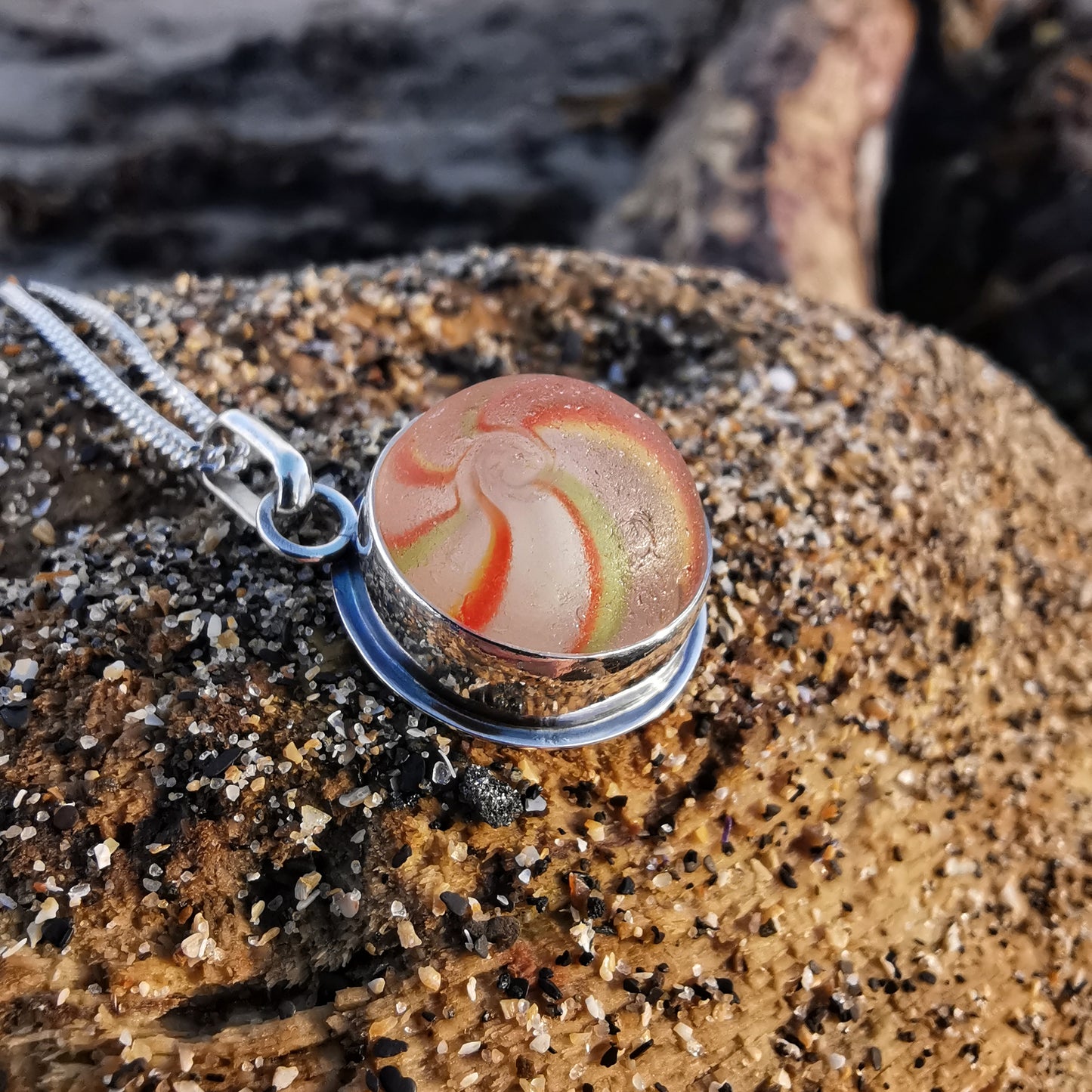 German orange, green, yellow and white sea glass marble & sterling silver pendant.