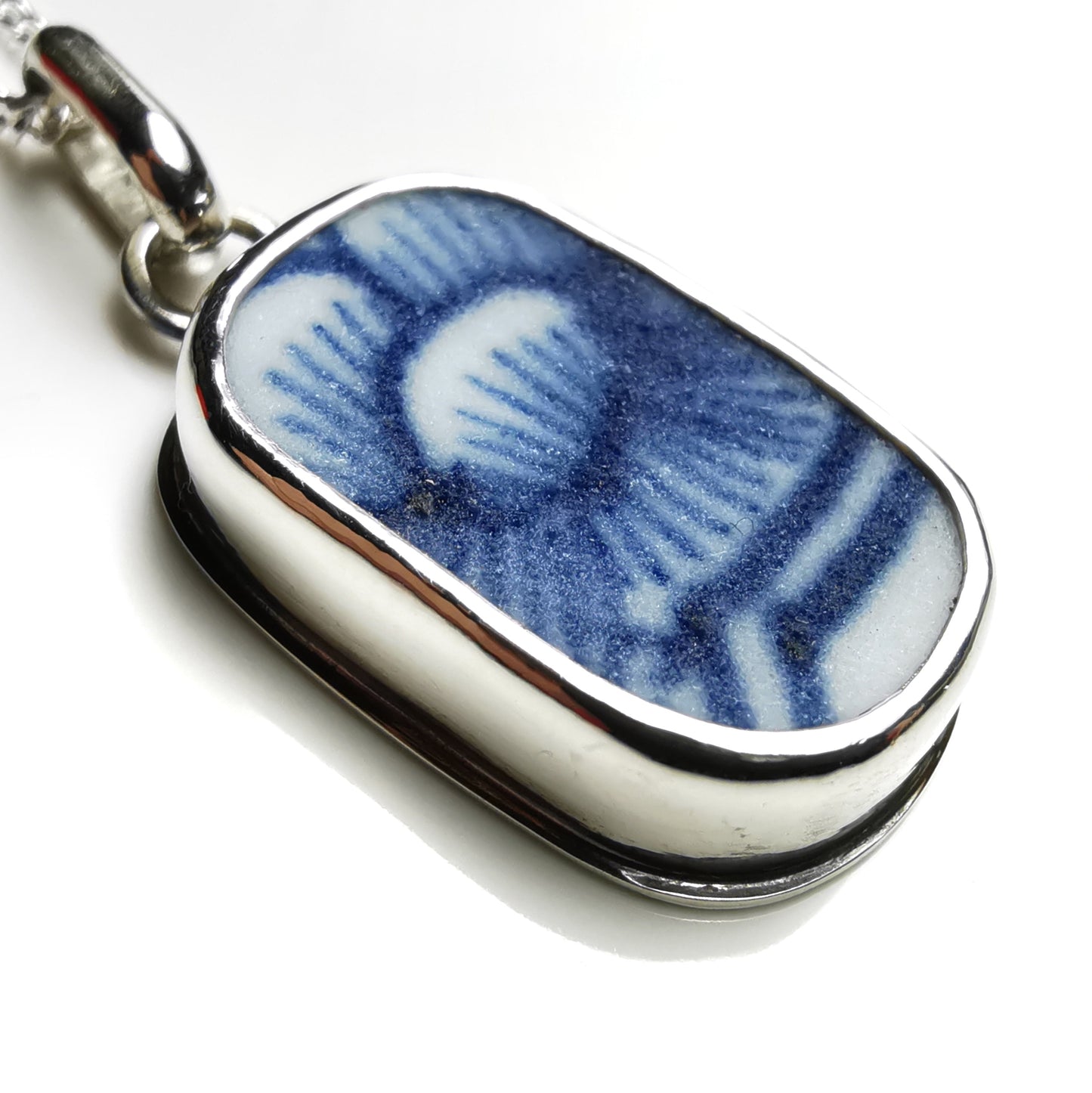 Blue and white sea porcelain & sterling silver pendant.