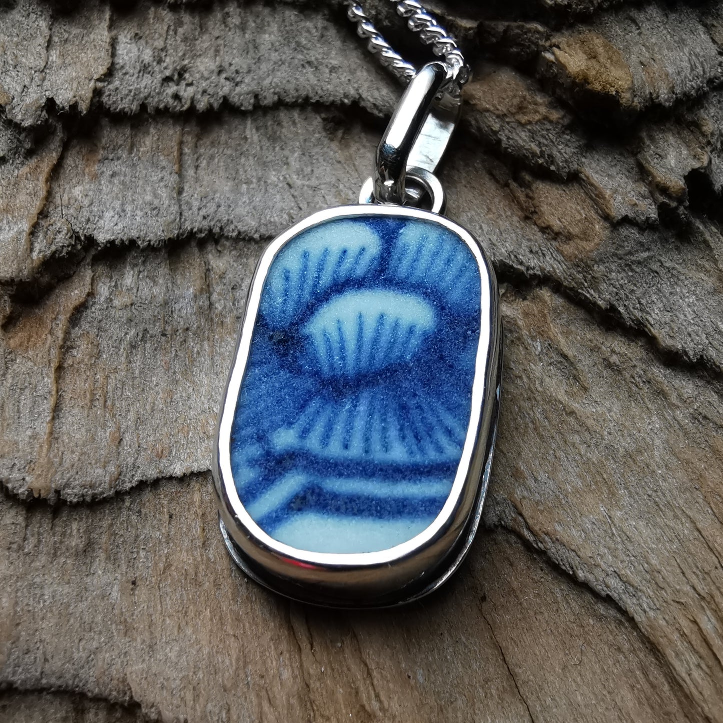 Blue and white sea porcelain & sterling silver pendant.