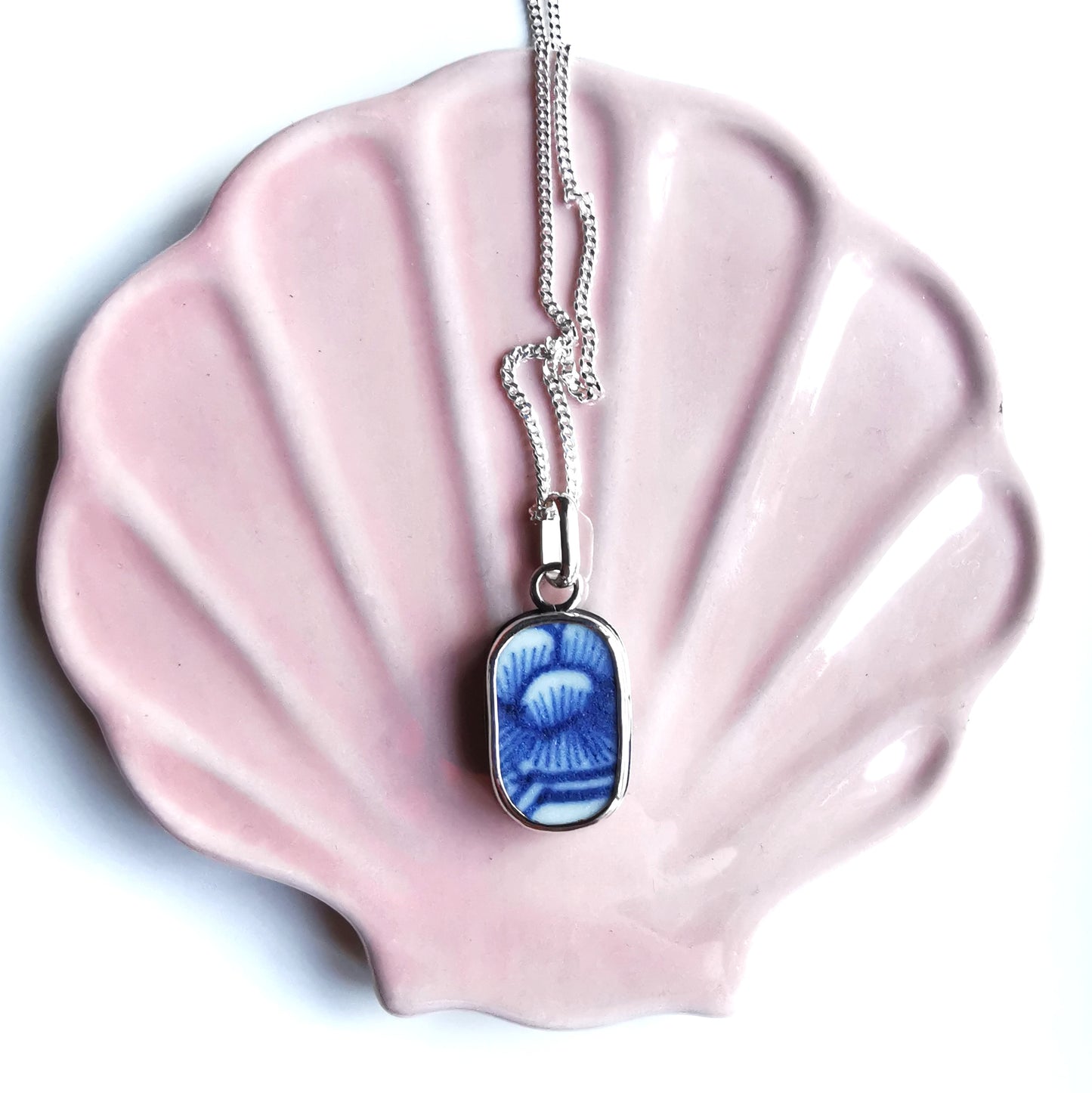 Blue and white sea porcelain & sterling silver pendant.