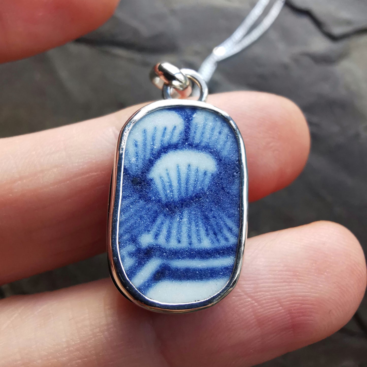 Blue and white sea porcelain & sterling silver pendant.