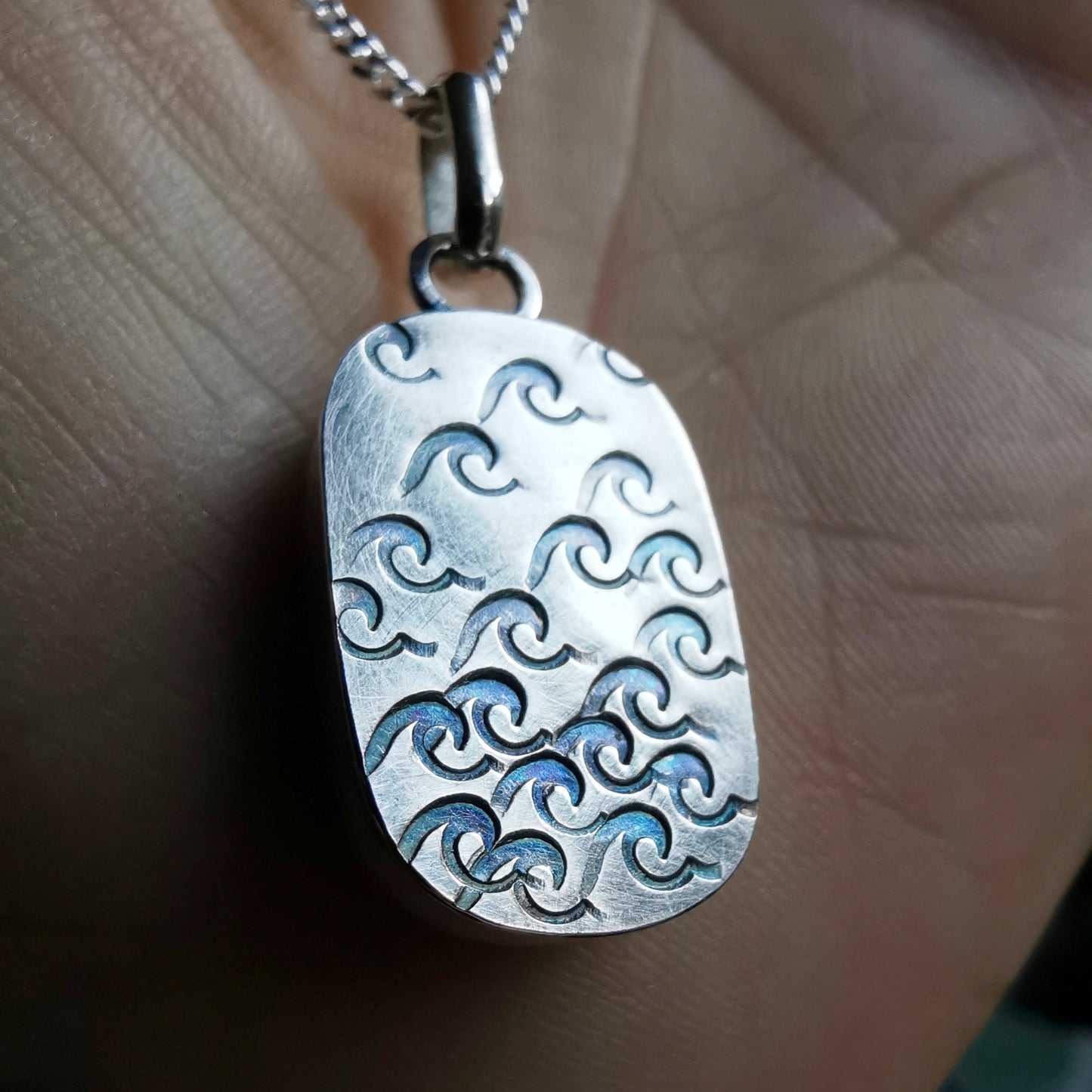 Blue and white sea porcelain & sterling silver pendant.