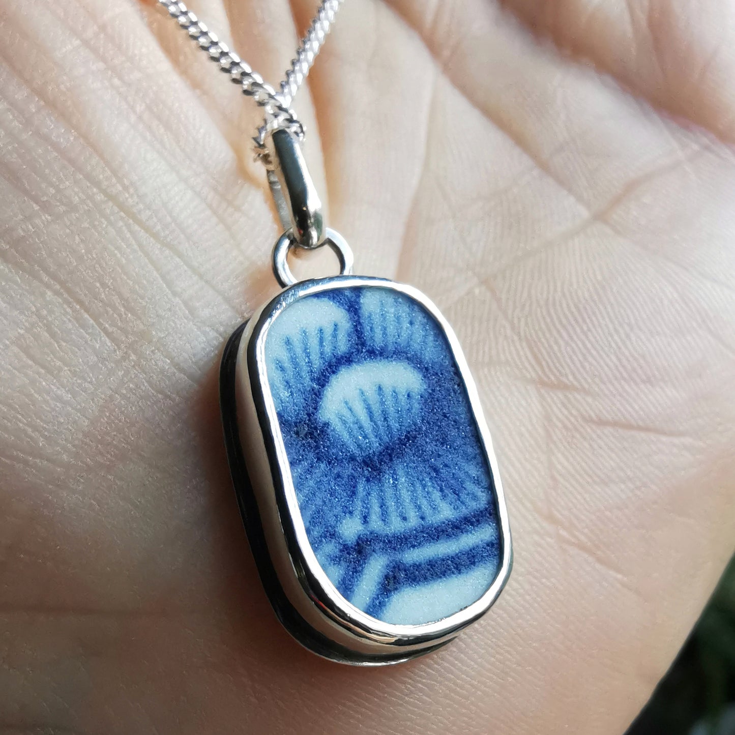 Blue and white sea porcelain & sterling silver pendant.