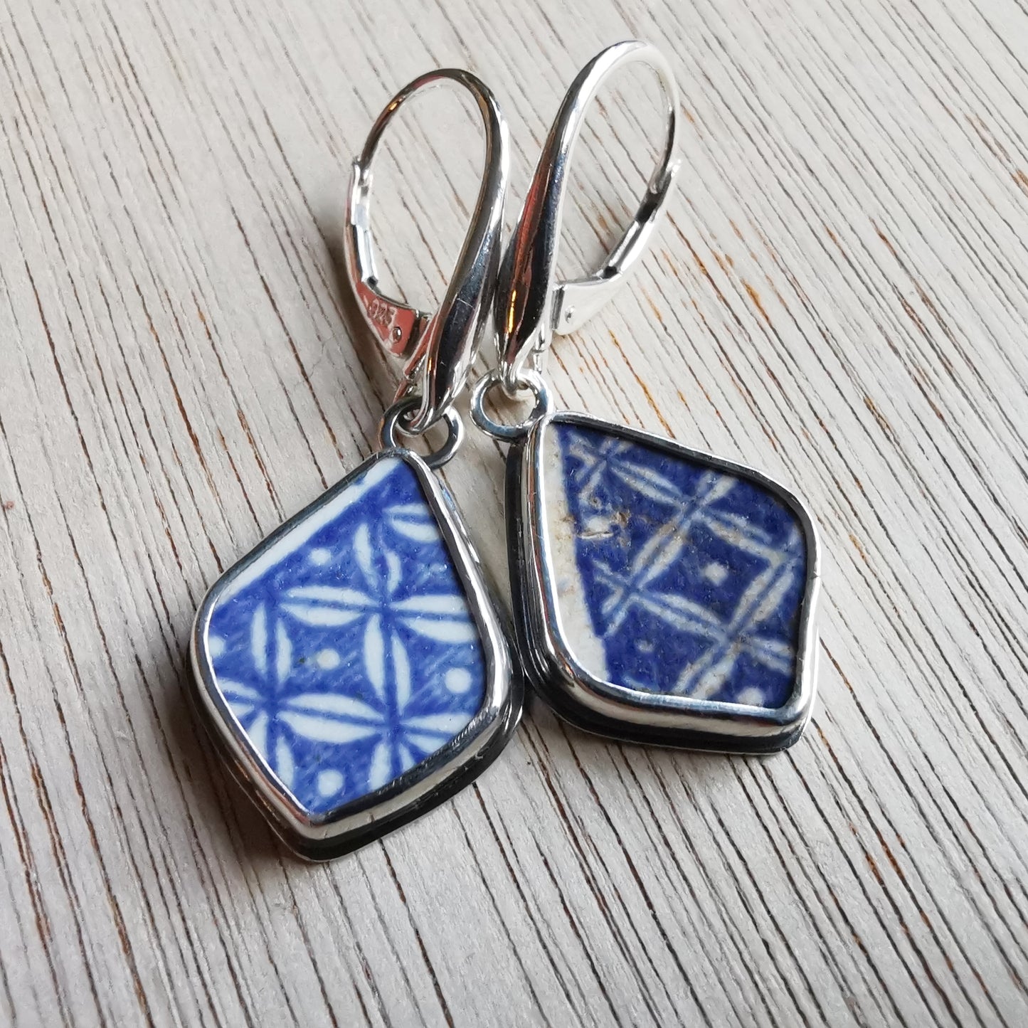 Blue and white sea pottery & sterling silver earrings.