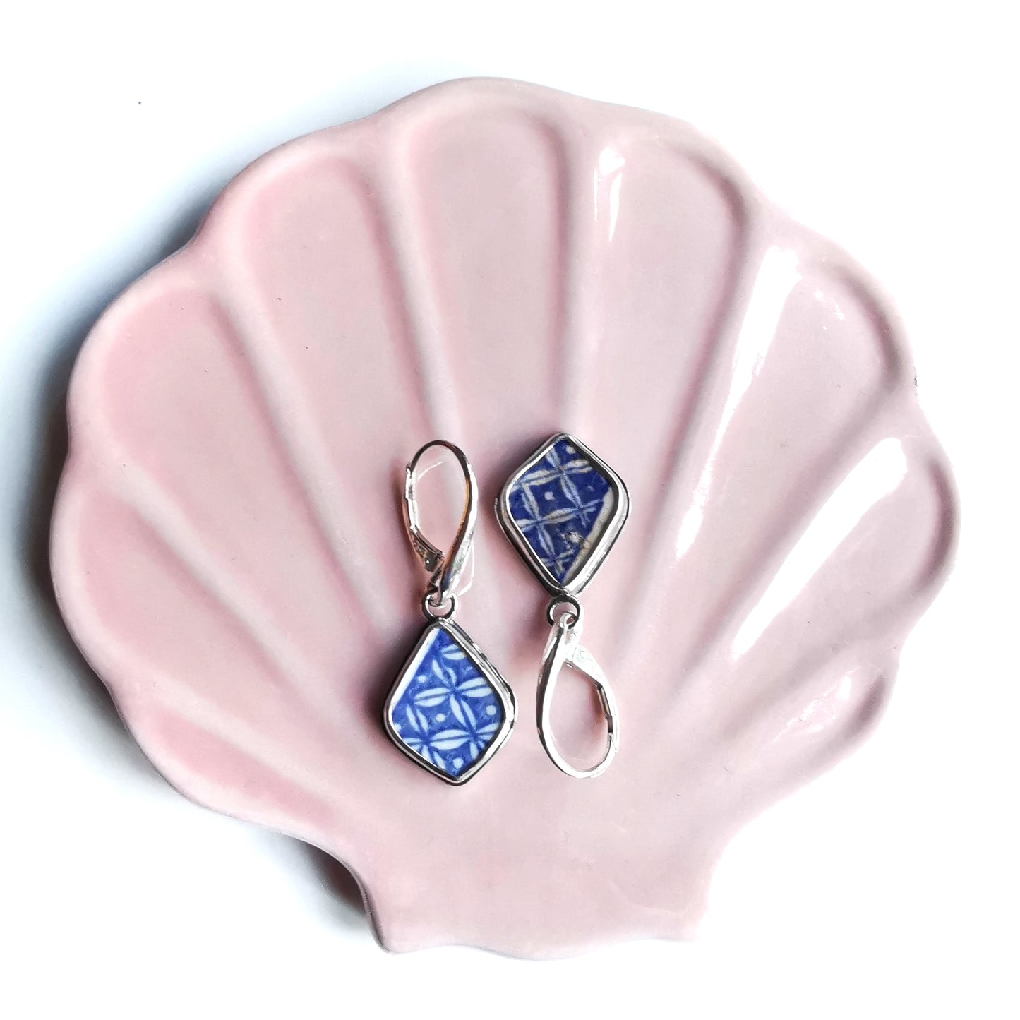 Blue and white sea pottery & sterling silver earrings.