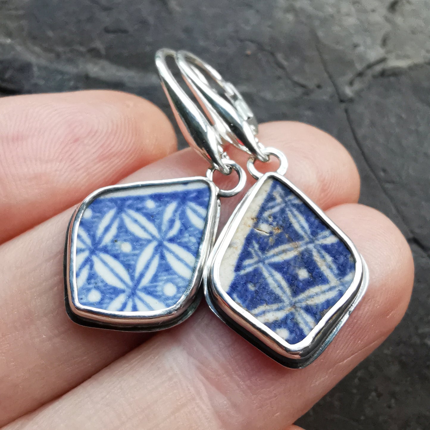 Blue and white sea pottery & sterling silver earrings.