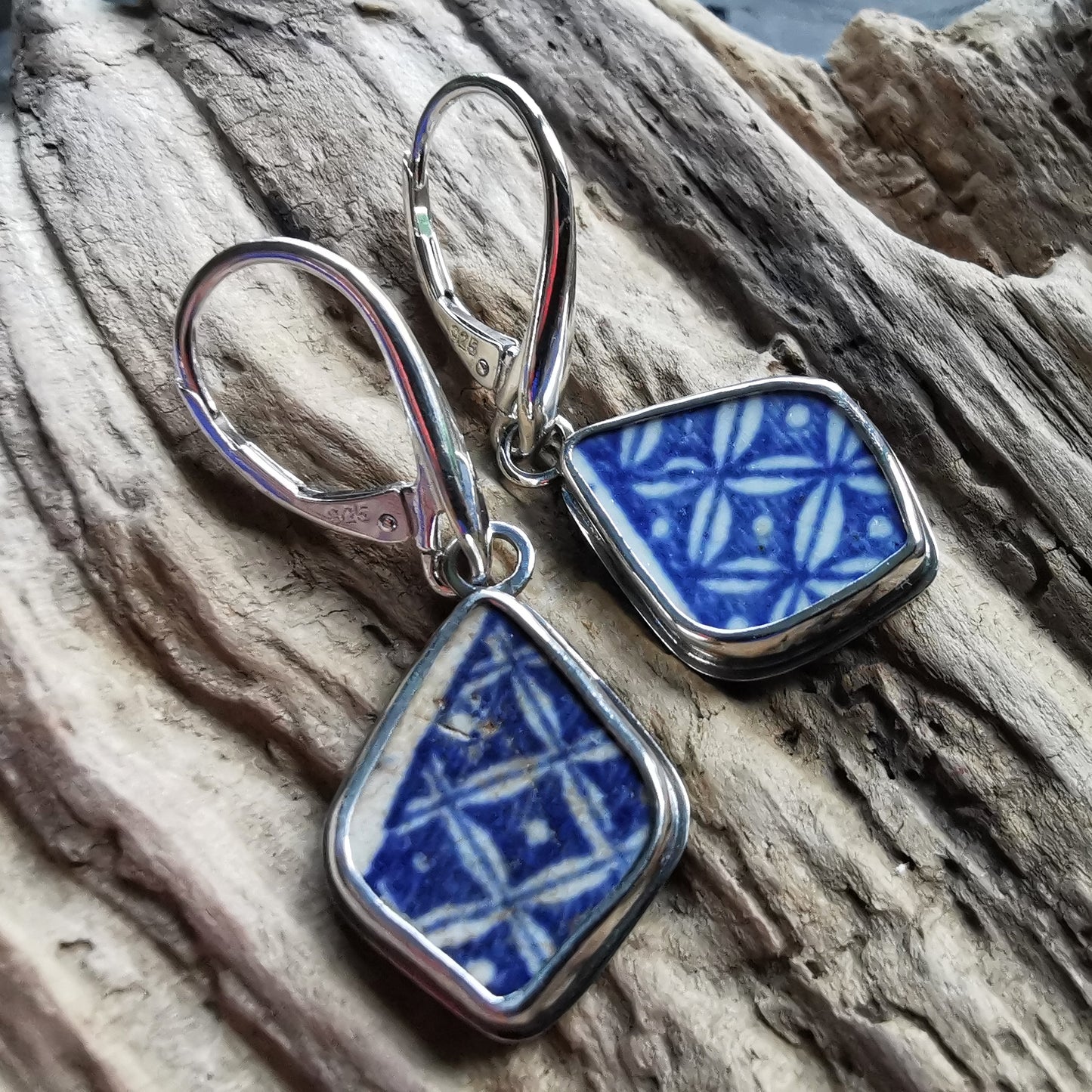 Blue and white sea pottery & sterling silver earrings.