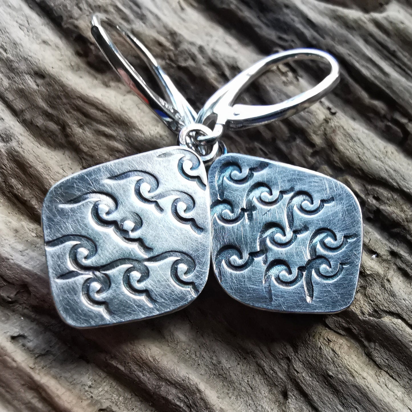 Blue and white sea pottery & sterling silver earrings.