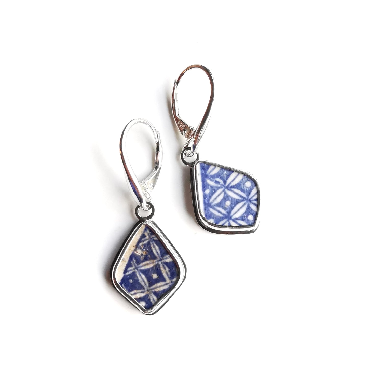 Blue and white sea pottery & sterling silver earrings.