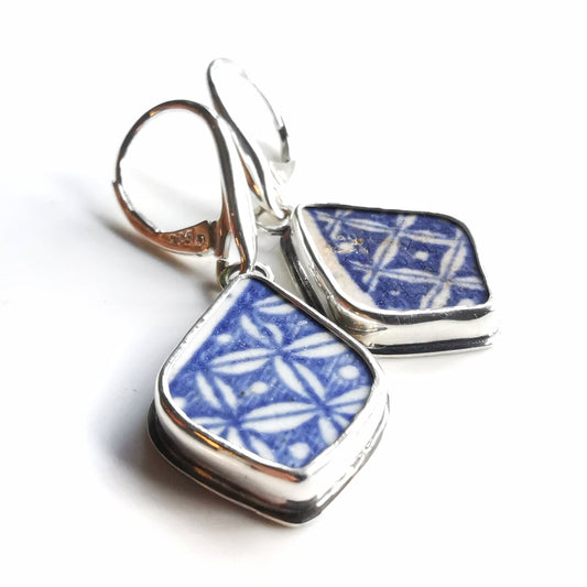 Blue and white sea pottery & sterling silver earrings.