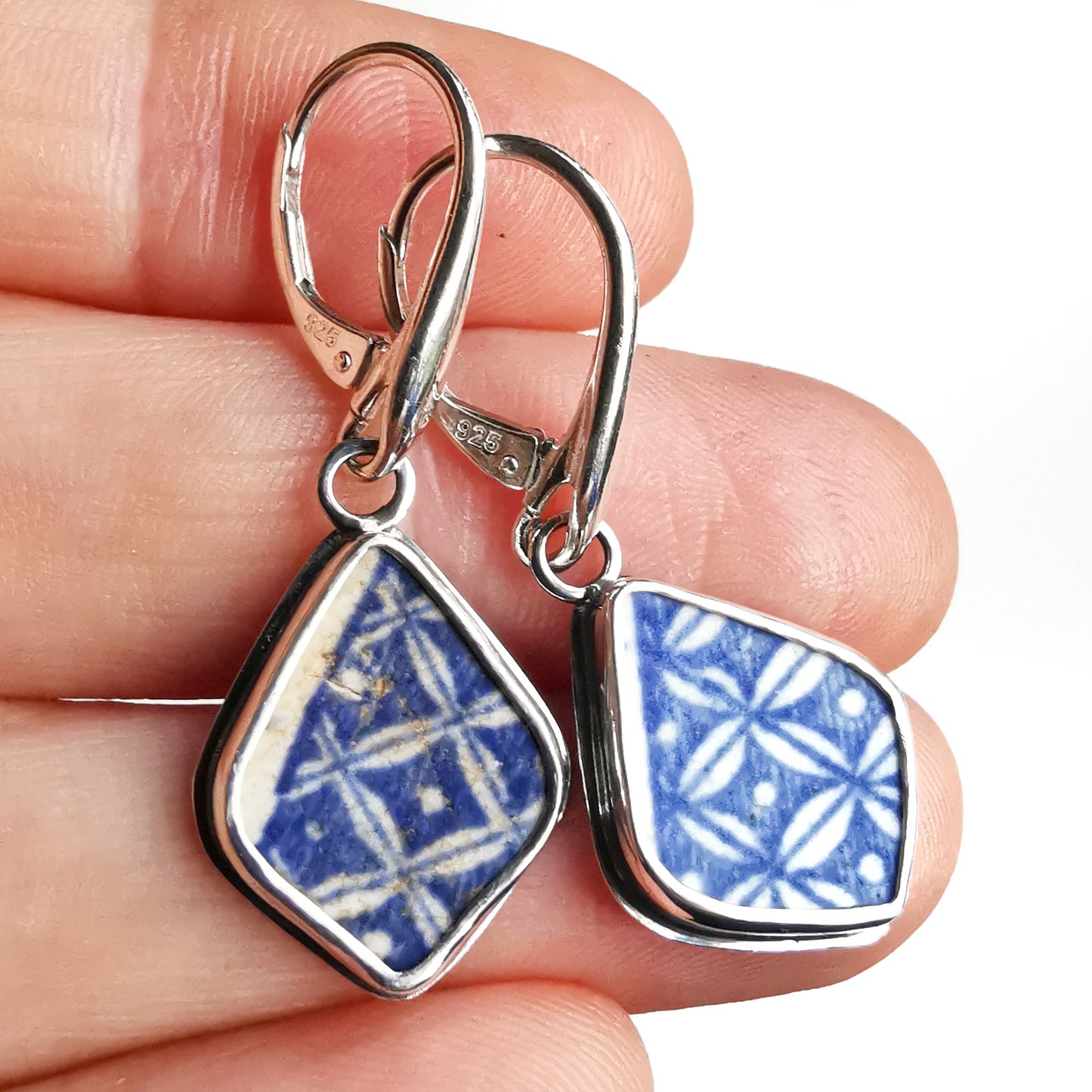 Blue and white sea pottery & sterling silver earrings.