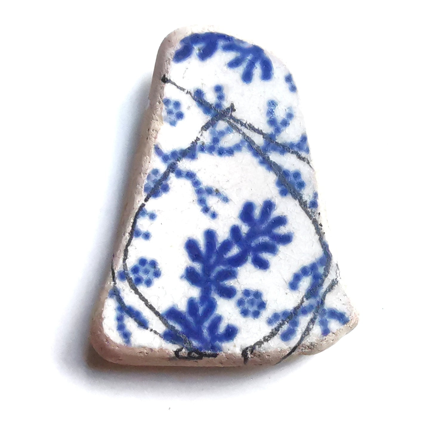 Scottish blue and white seaweed pattern sea pottery & sterling silver pendant.