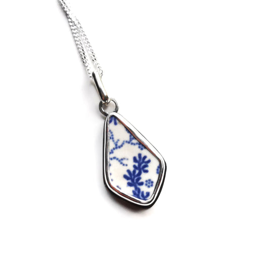 Scottish blue and white seaweed pattern sea pottery & sterling silver pendant.