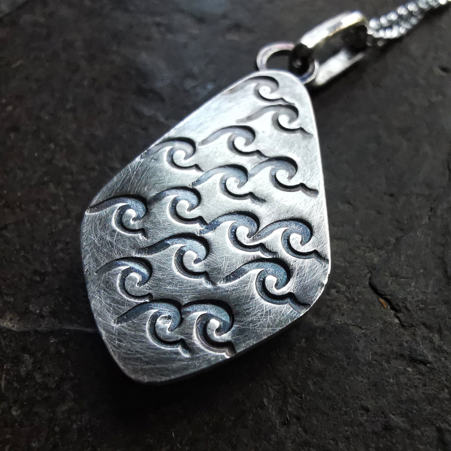 Scottish blue and white seaweed pattern sea pottery & sterling silver pendant.