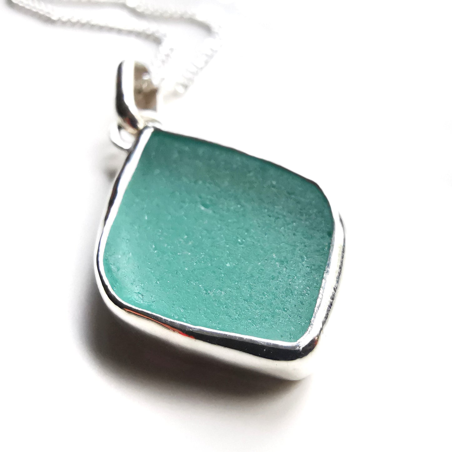 Scottish teal sea glass & sterling silver pendant.