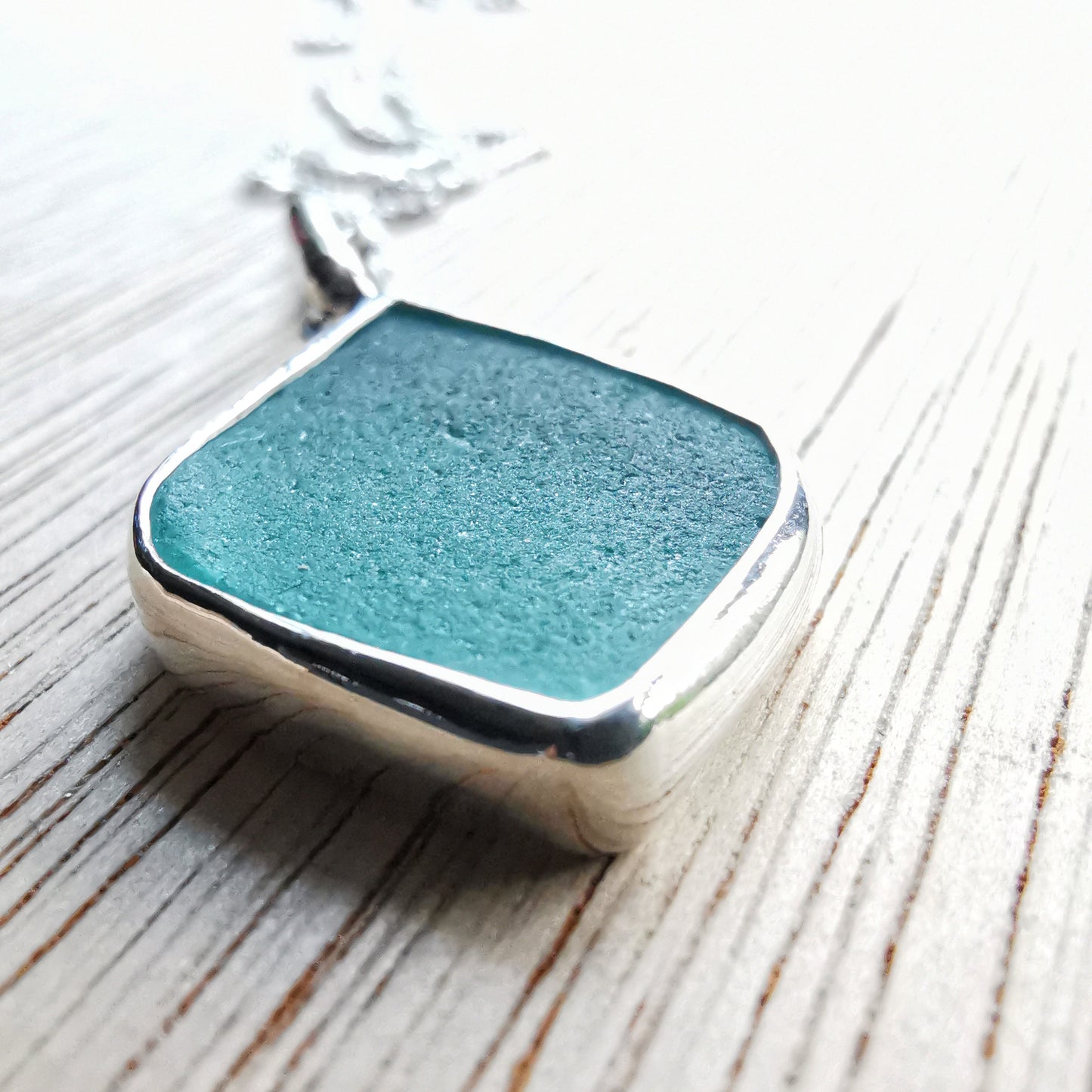 Scottish teal sea glass & sterling silver pendant.
