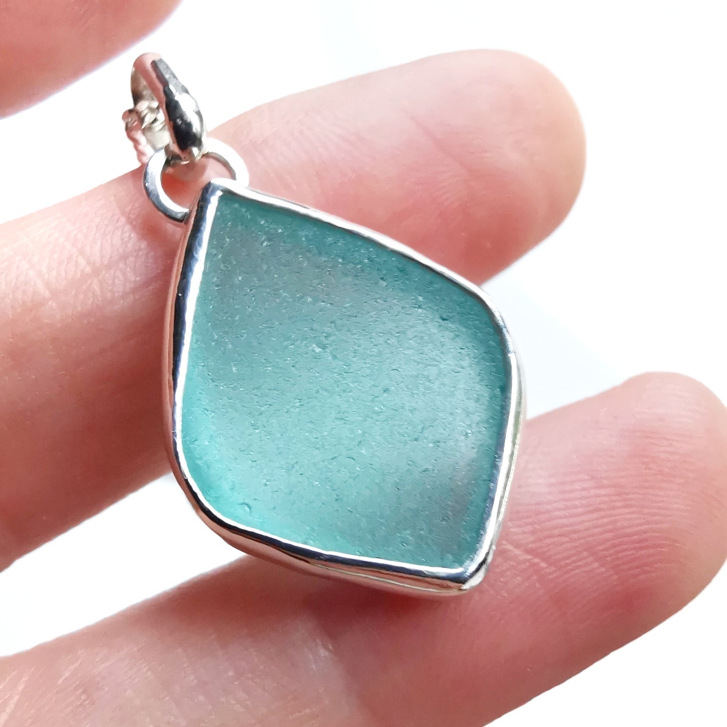 Scottish teal sea glass & sterling silver pendant.