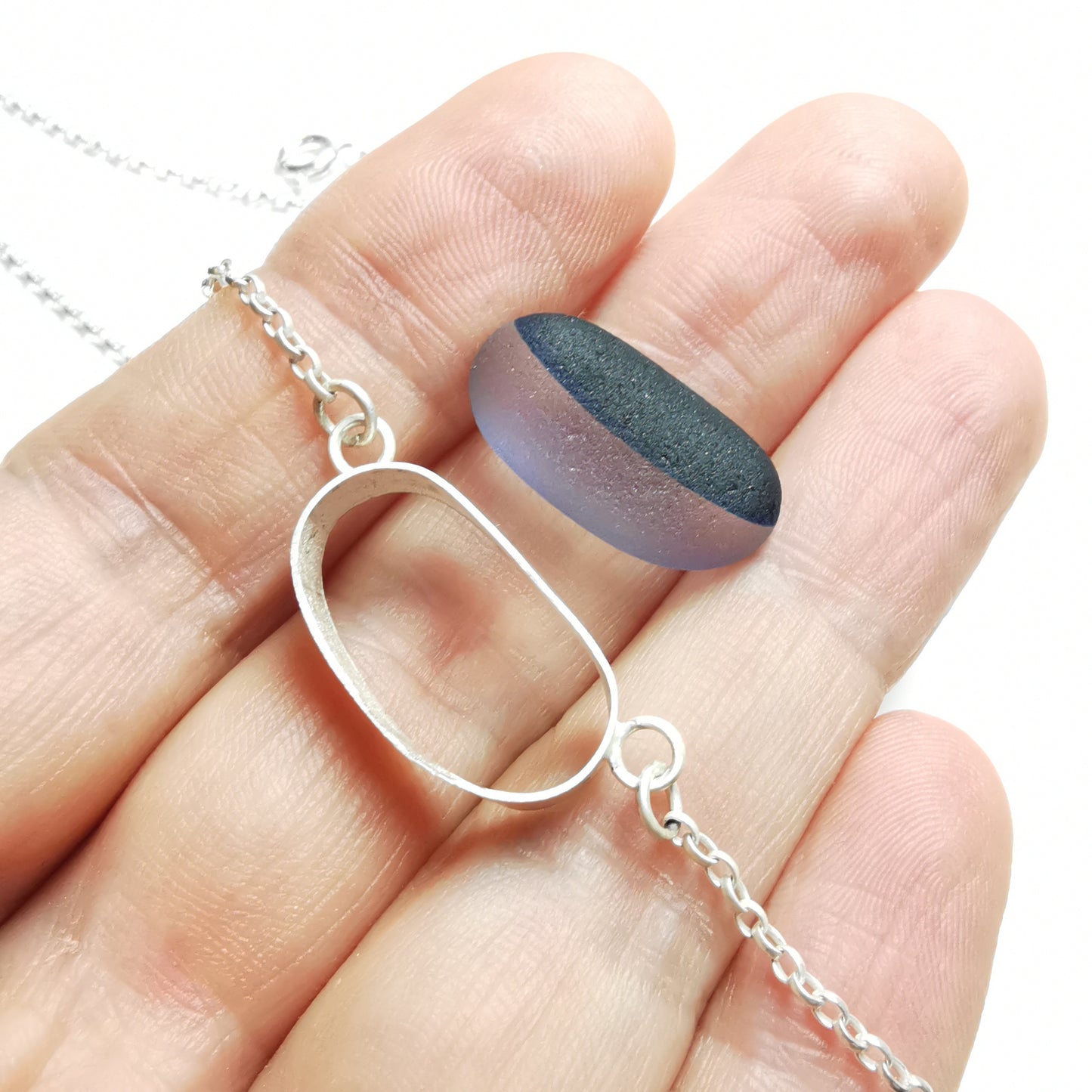 Seaham blue and clear multi sea glass & sterling silver necklace.