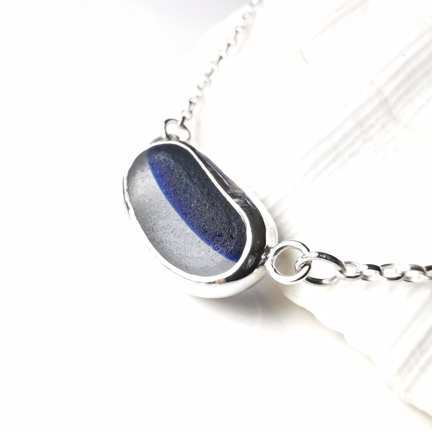 Seaham blue and clear multi sea glass & sterling silver necklace.