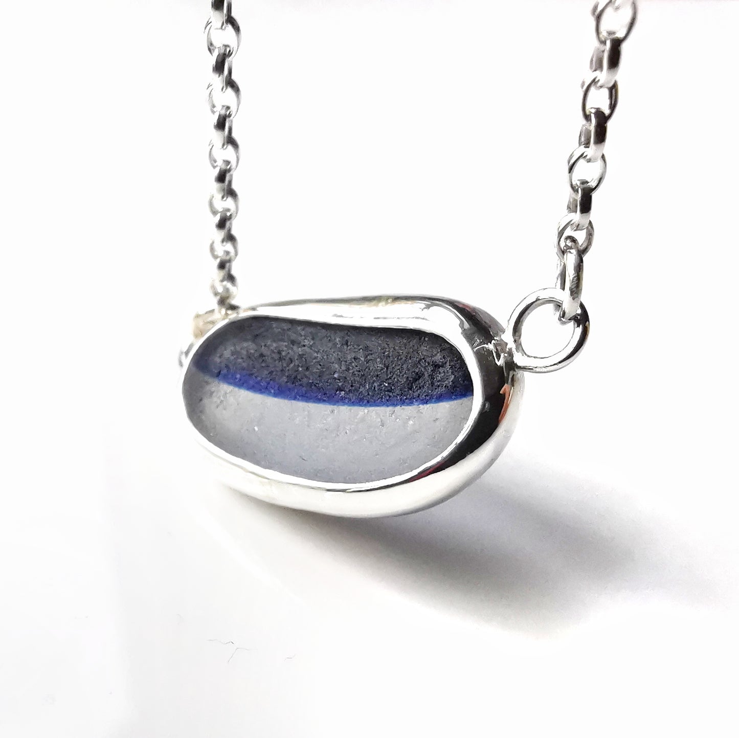 Seaham blue and clear multi sea glass & sterling silver necklace.