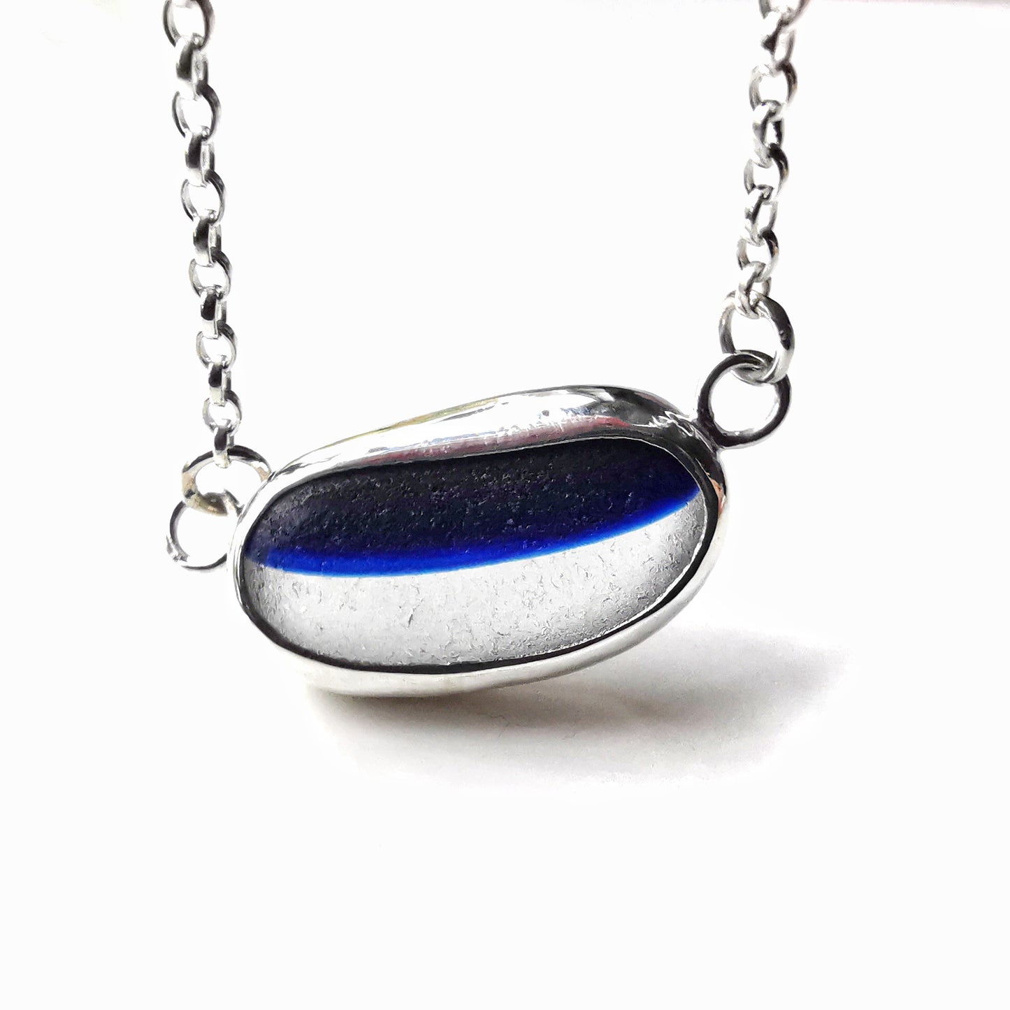 Seaham blue and clear multi sea glass & sterling silver necklace.