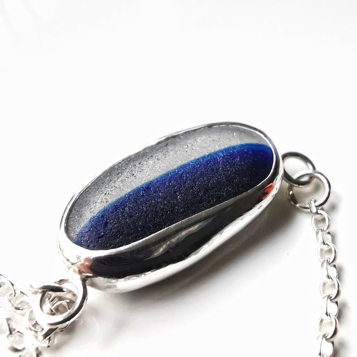 Seaham blue and clear multi sea glass & sterling silver necklace.