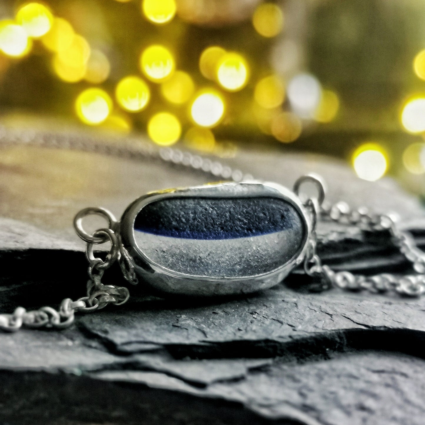 Seaham blue and clear multi sea glass & sterling silver necklace.