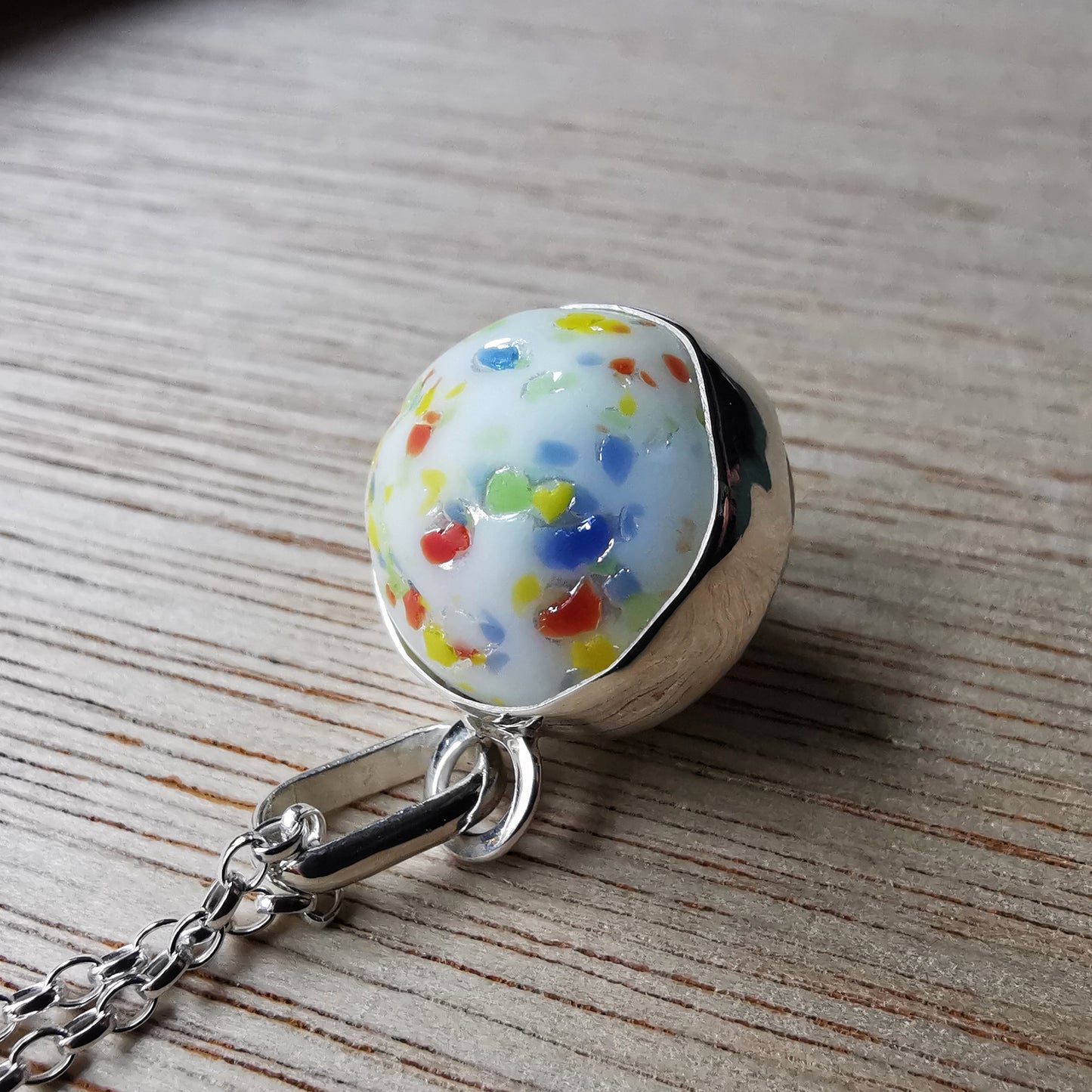 Rainbow confetti sea glass marble & sterling silver pendant.