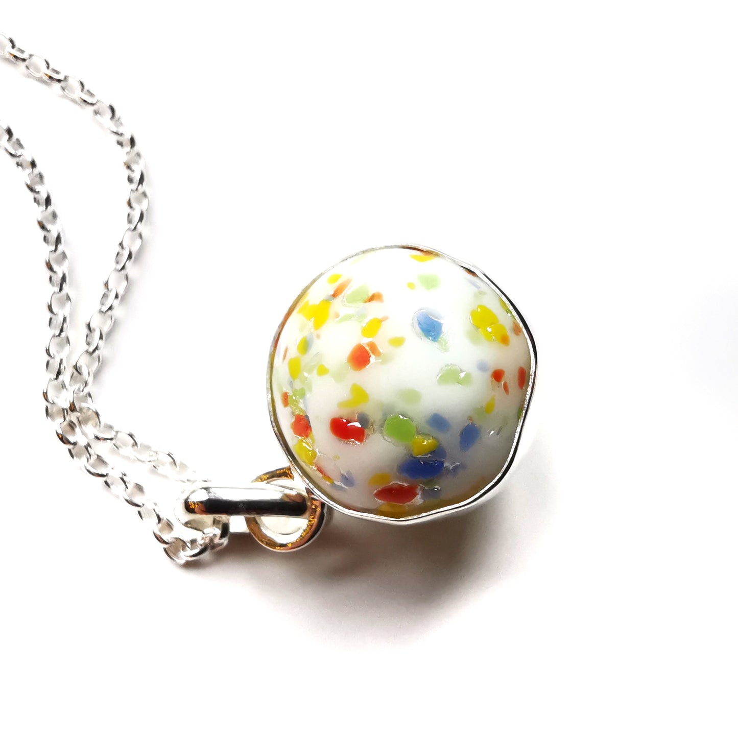 Rainbow confetti sea glass marble & sterling silver pendant.