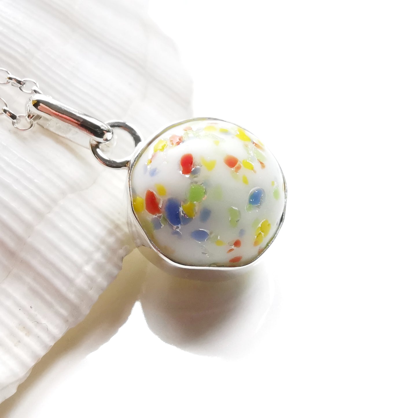 Rainbow confetti sea glass marble & sterling silver pendant.