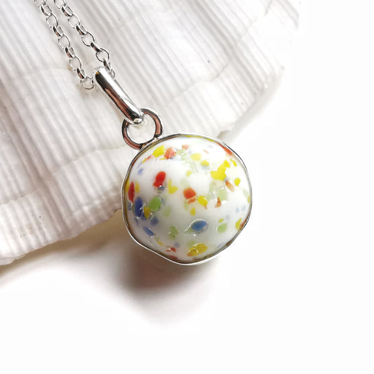 Rainbow confetti sea glass marble & sterling silver pendant.