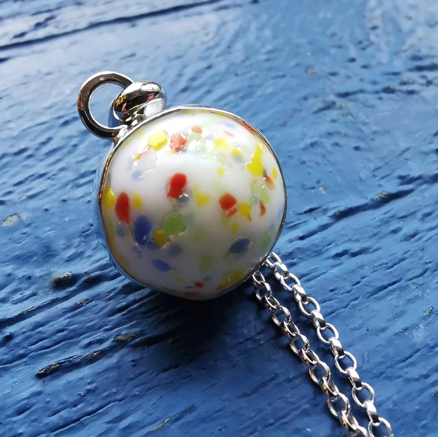 Rainbow confetti sea glass marble & sterling silver pendant.