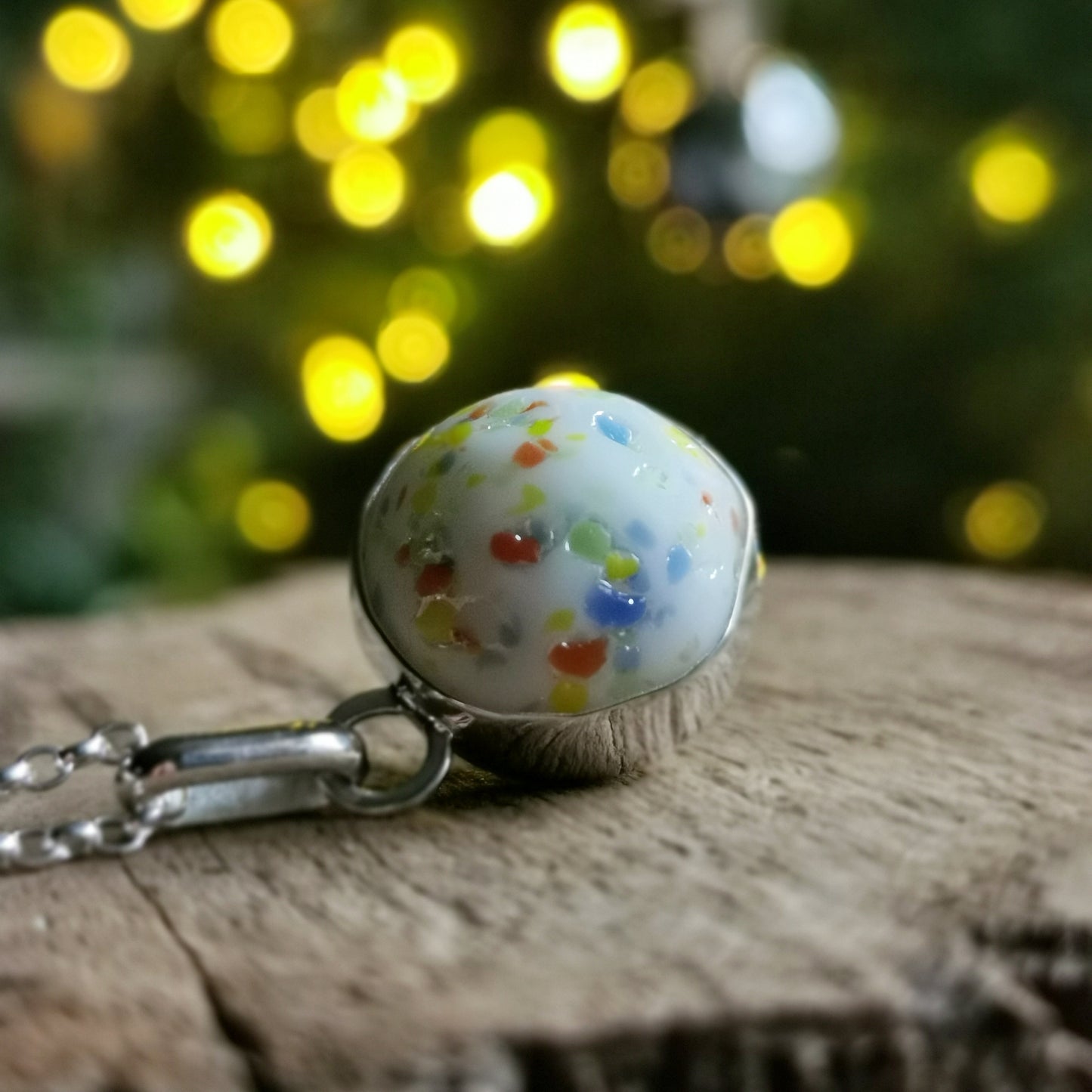 Rainbow confetti sea glass marble & sterling silver pendant.