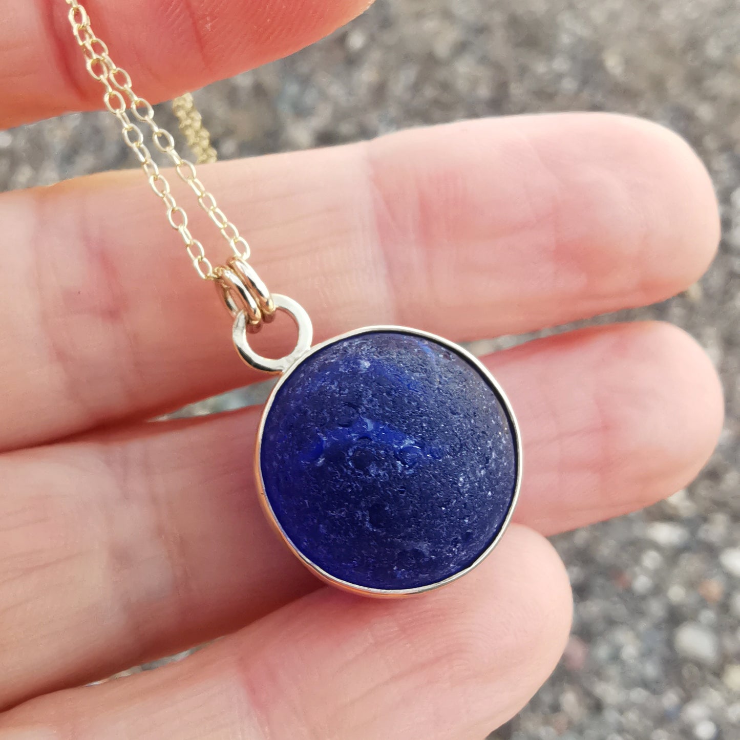 Genuine Scottish cobalt blue sea glass marble & 9 ct gold pendant