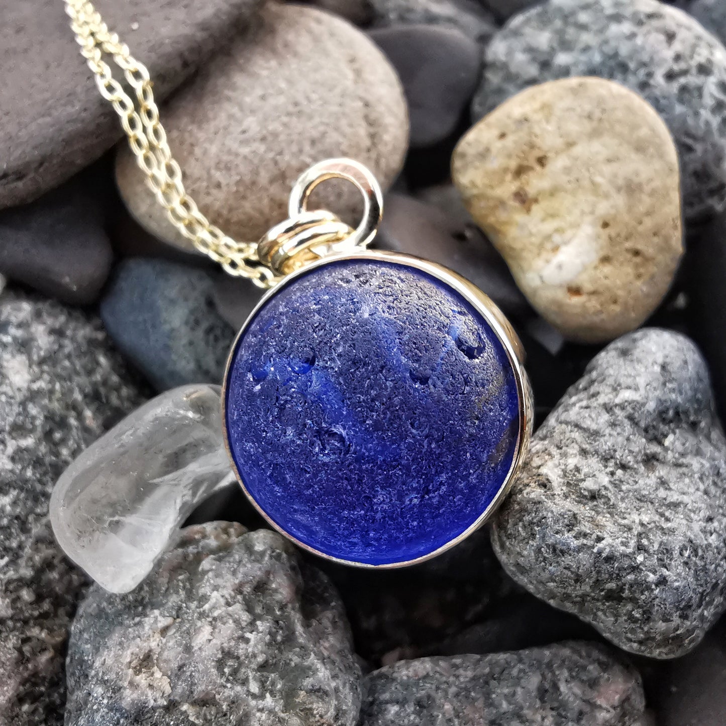 Genuine Scottish cobalt blue sea glass marble & 9 ct gold pendant