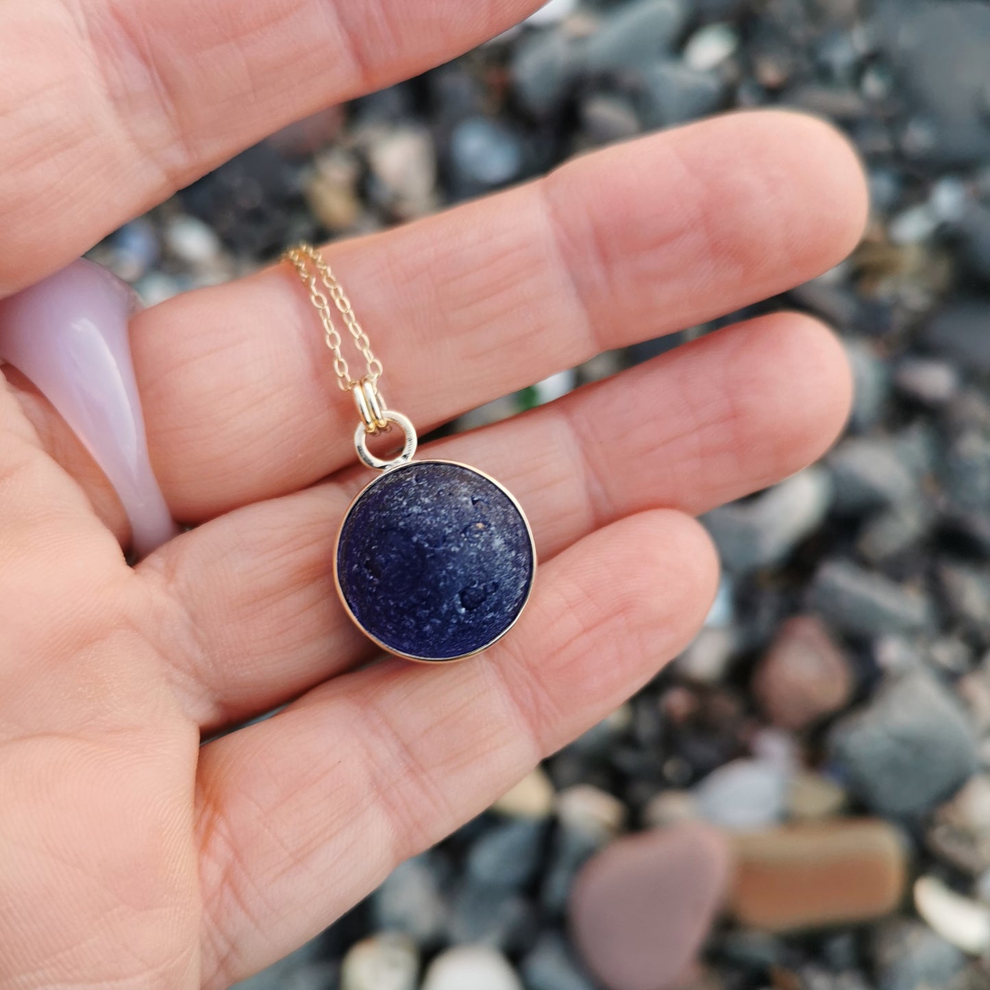 Genuine Scottish cobalt blue sea glass marble & 9 ct gold pendant