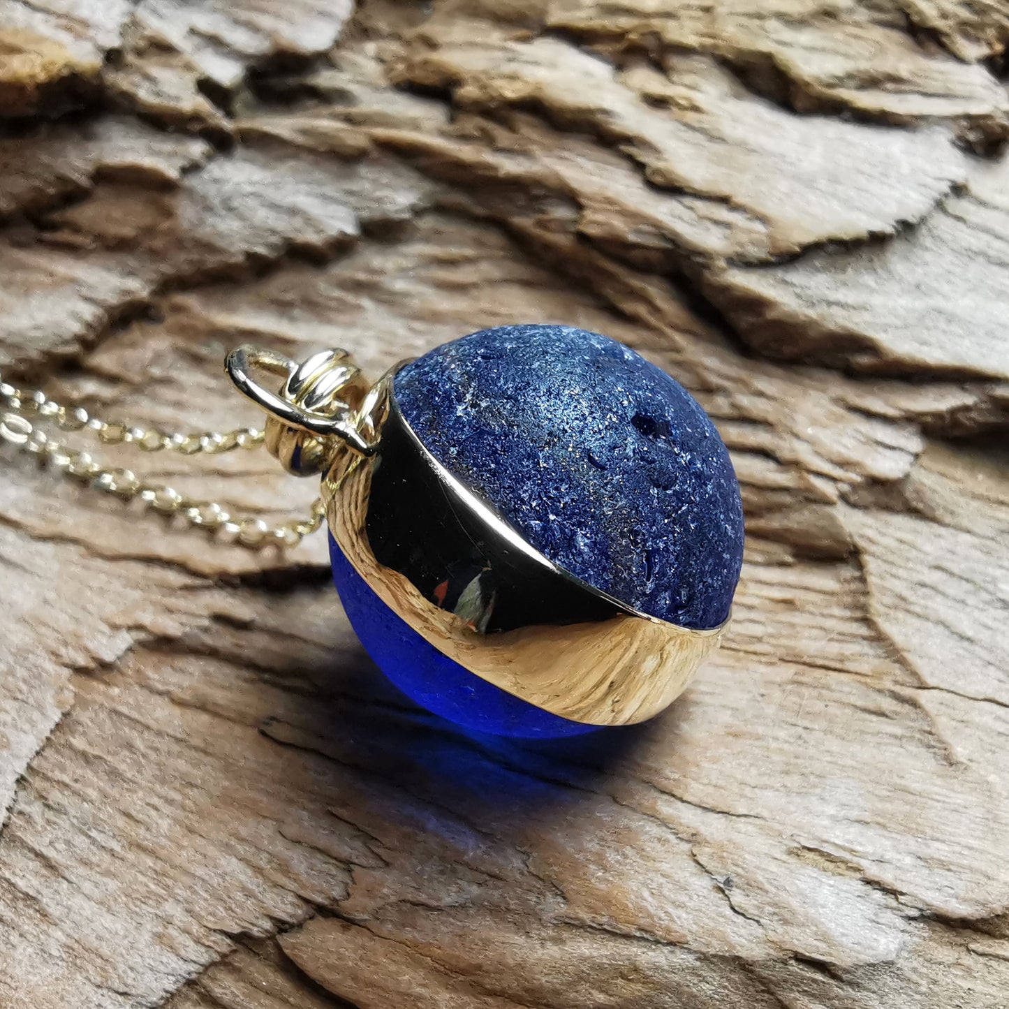 Genuine Scottish cobalt blue sea glass marble & 9 ct gold pendant