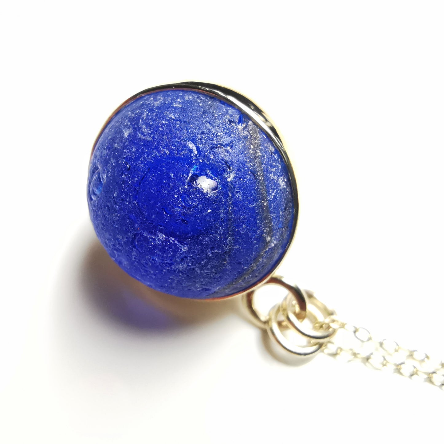 Genuine Scottish cobalt blue sea glass marble & 9 ct gold pendant