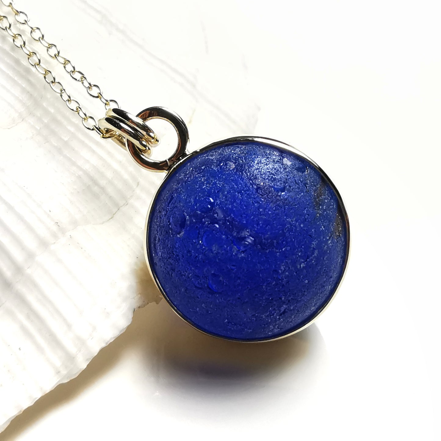 Genuine Scottish cobalt blue sea glass marble & 9 ct gold pendant