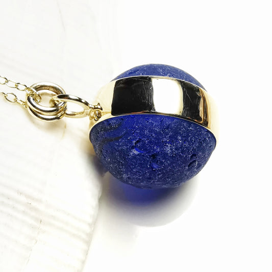 Genuine Scottish cobalt blue sea glass marble & 9 ct gold pendant