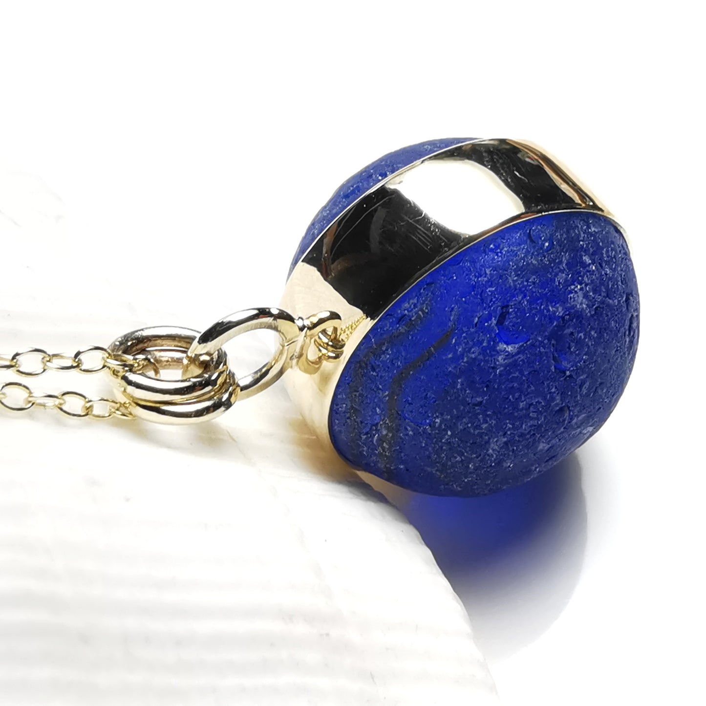 Genuine Scottish cobalt blue sea glass marble & 9 ct gold pendant