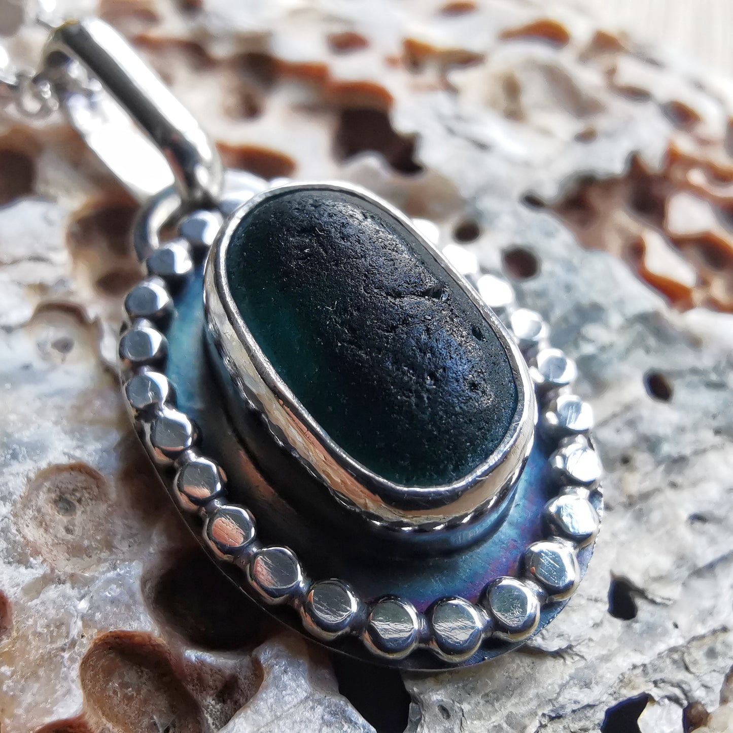 Tiny teal multi Seaham sea glass & sterling silver pendant.