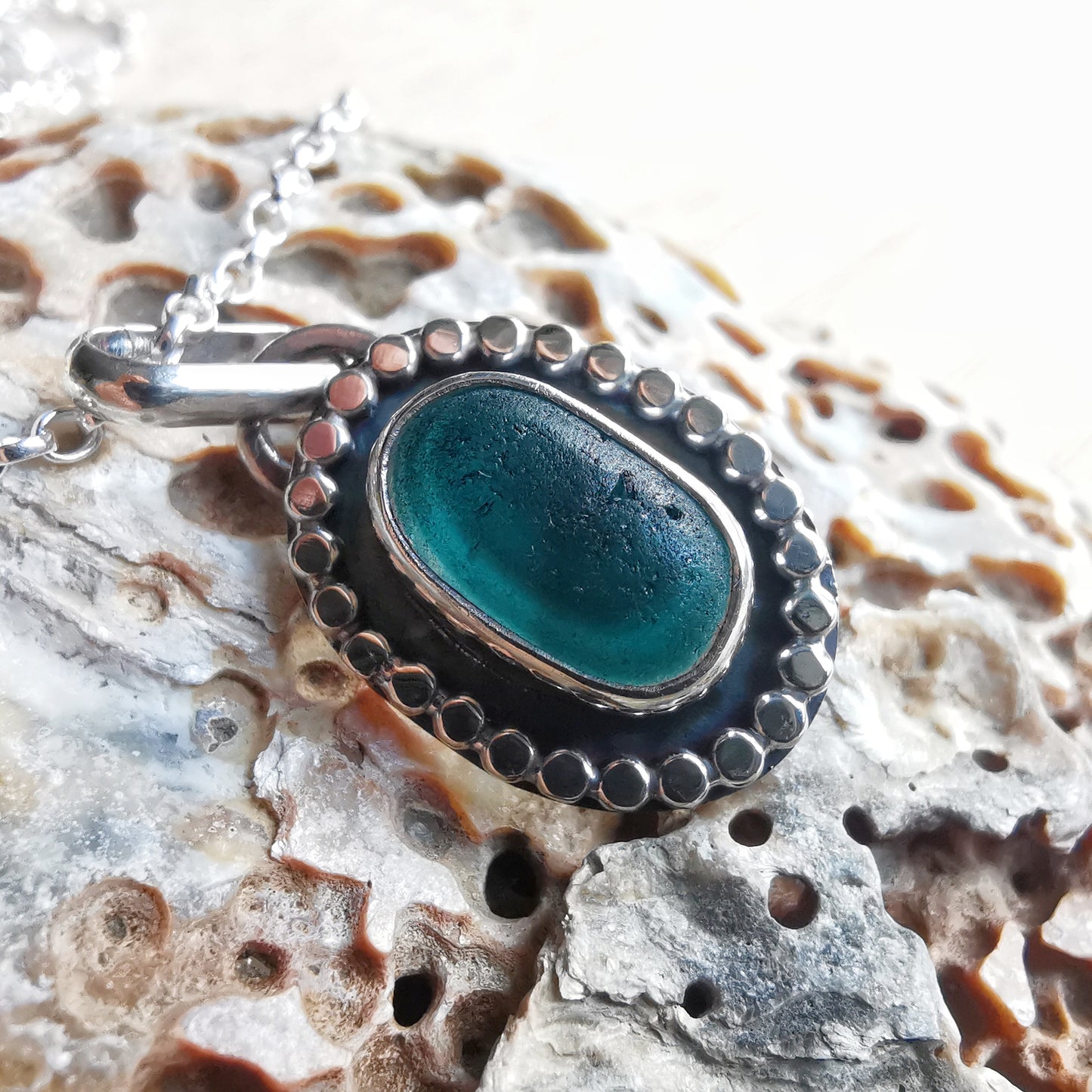 Tiny teal multi Seaham sea glass & sterling silver pendant.