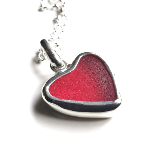 Magenta pink sea glass heart & sterling silver pendant.