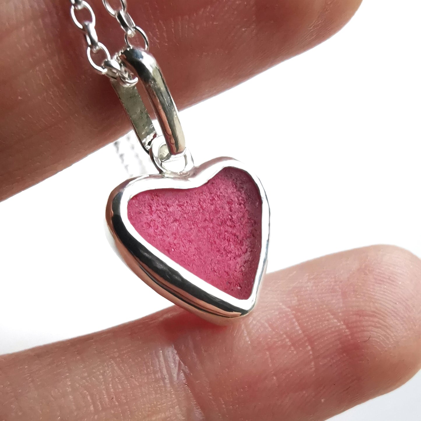 Magenta pink sea glass heart & sterling silver pendant.