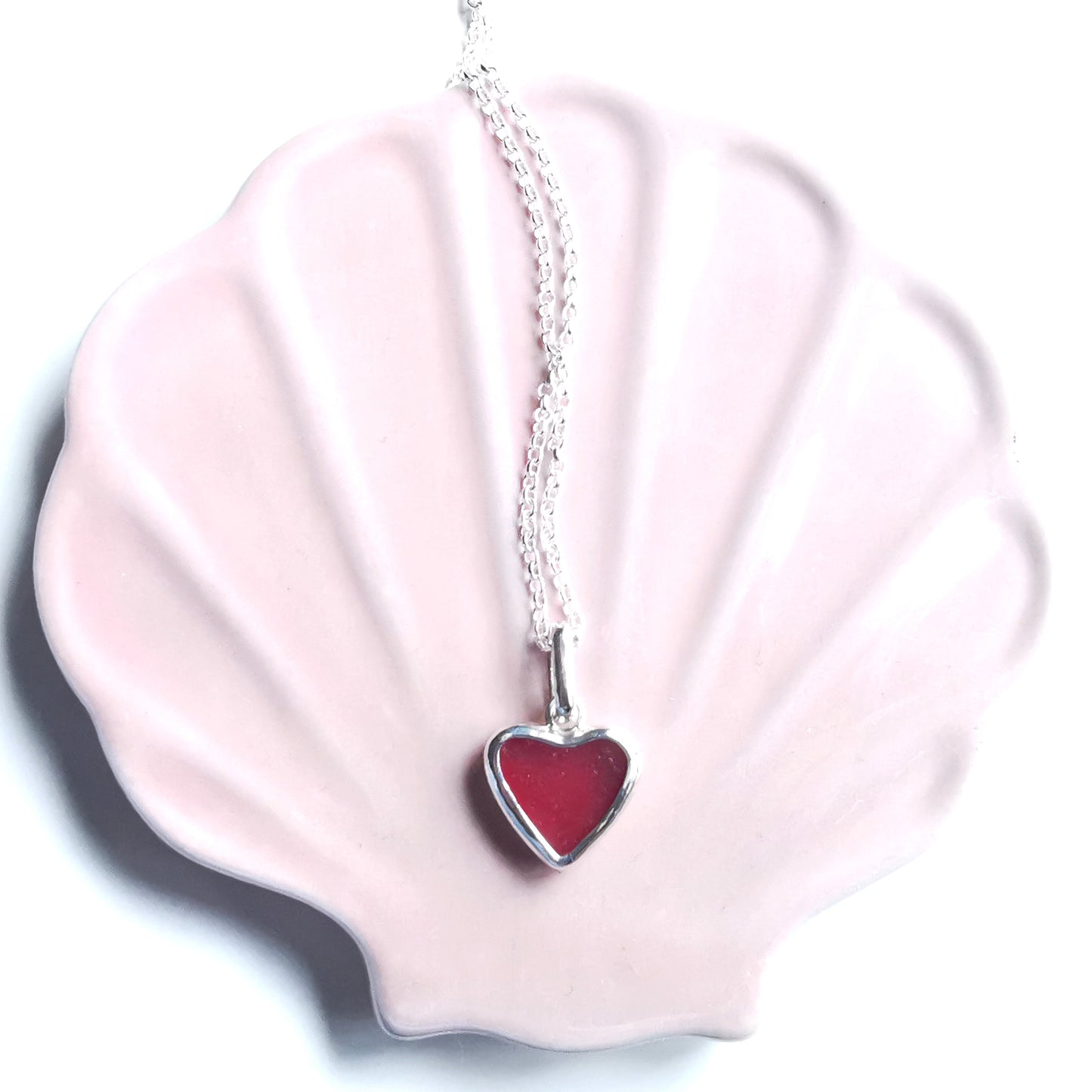 Magenta pink sea glass heart & sterling silver pendant.