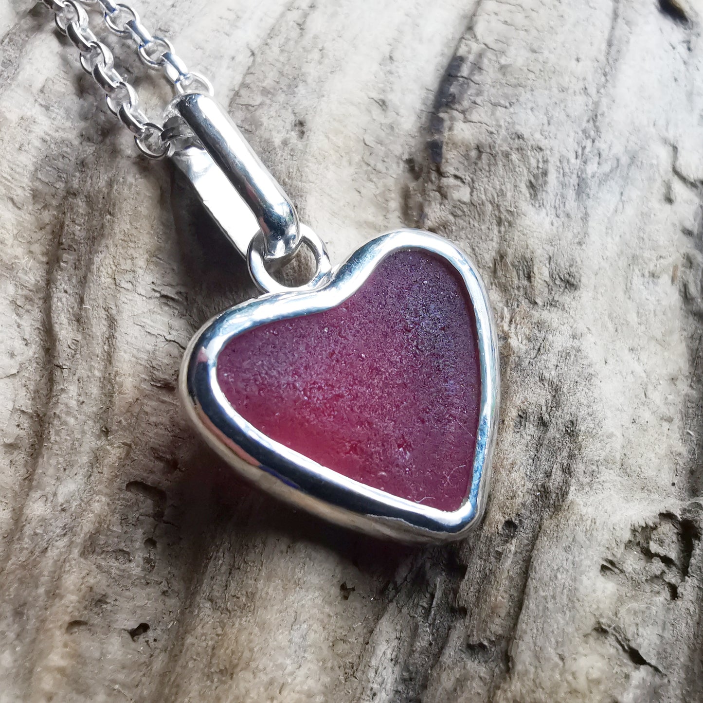 Magenta pink sea glass heart & sterling silver pendant.